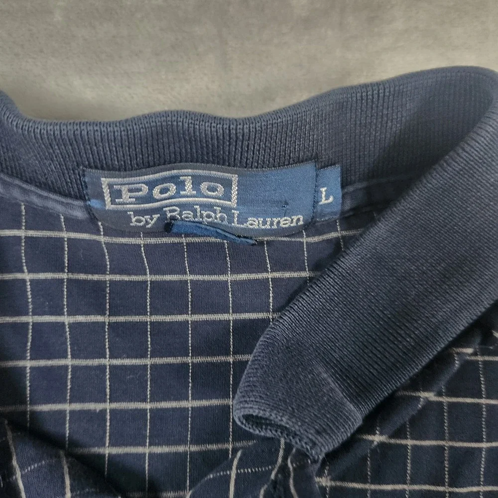 Polo Ralph Lauren Polo Shirt Mens‎ Large Navy Micro Check Long Sleeve Pony Logo